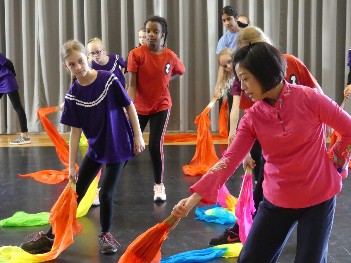 School children learning chinese dance with teacher