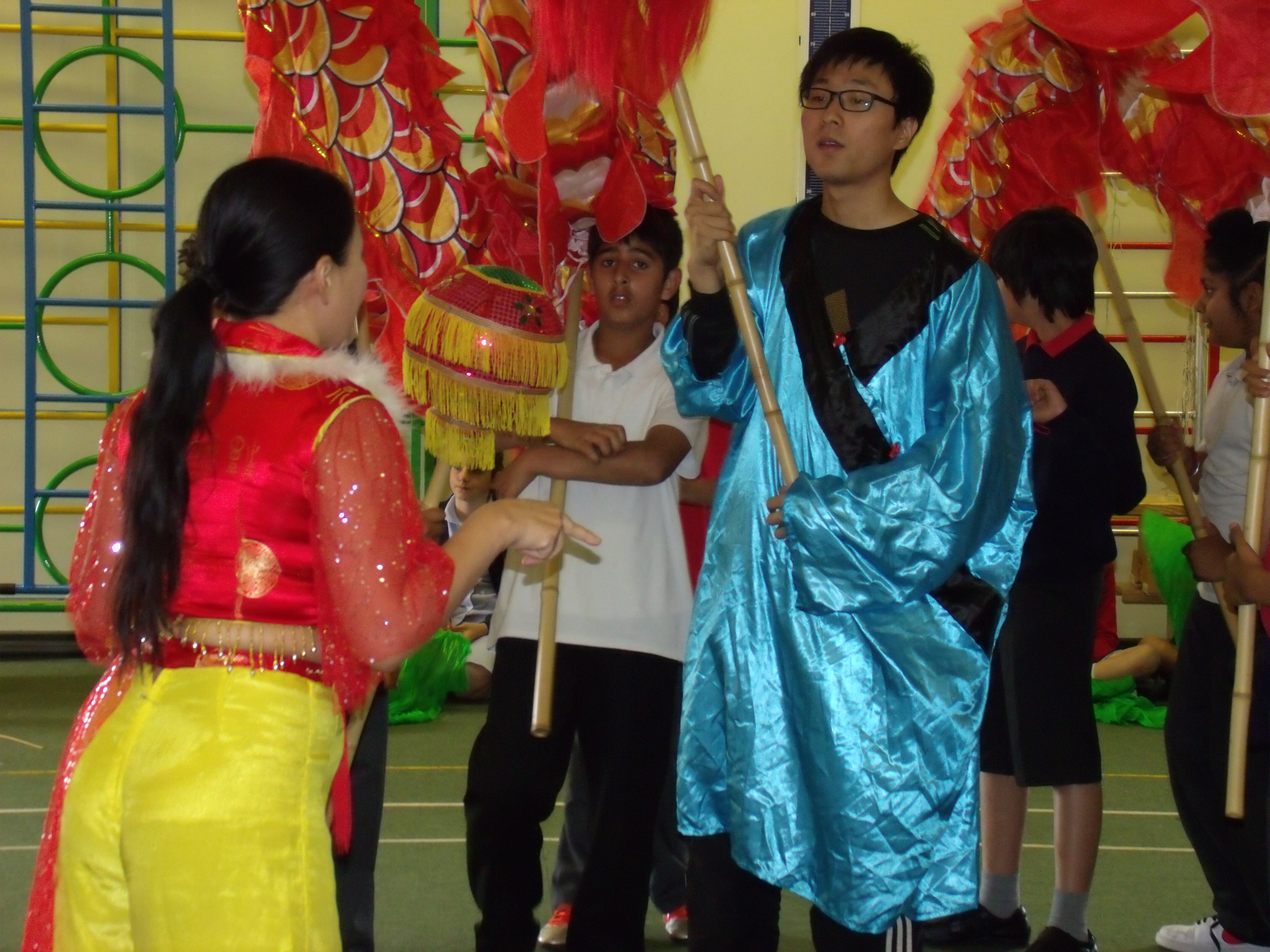 Chinese dragon dancers holding chinese dragon